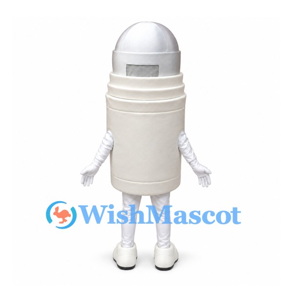 Trash Can Mascot Costume in White with Silver Dome Lid