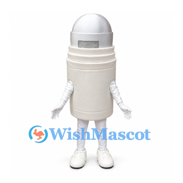 Trash Can Mascot Costume in White with Silver Dome Lid