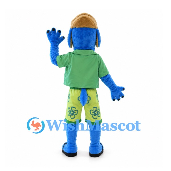 Dog Mascot Costume in Blue with Green Shirt and Floral Shorts