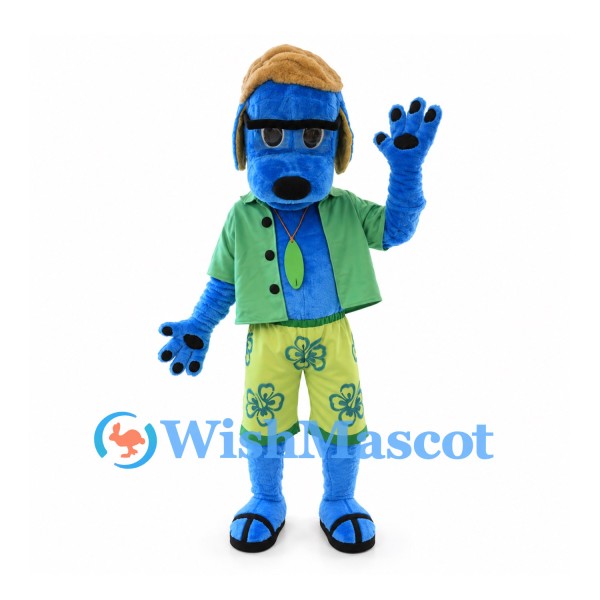 Dog Mascot Costume in Blue with Green Shirt and Floral Shorts