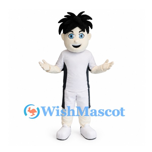 Boy Mascot Costume with Black Spiky Hair and White Sports Uniform