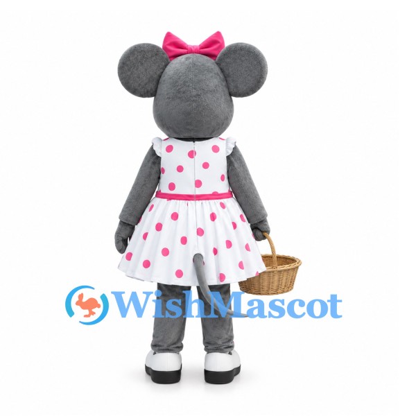 Mouse Mascot Costume with White Pink Polka Dot Dress and Basket