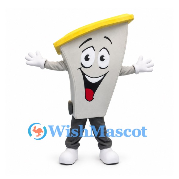 Megaphone Mascot Costume in Gray with Yellow Rim and Smiling Face