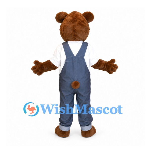 Bear Mascot Costume with Navy Overalls and White Shirt