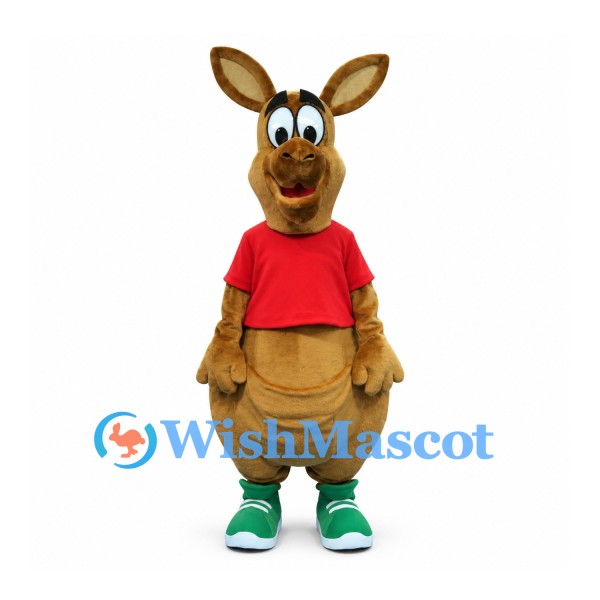 Kangaroo Mascot Costume with Red Shirt and Green Sneakers