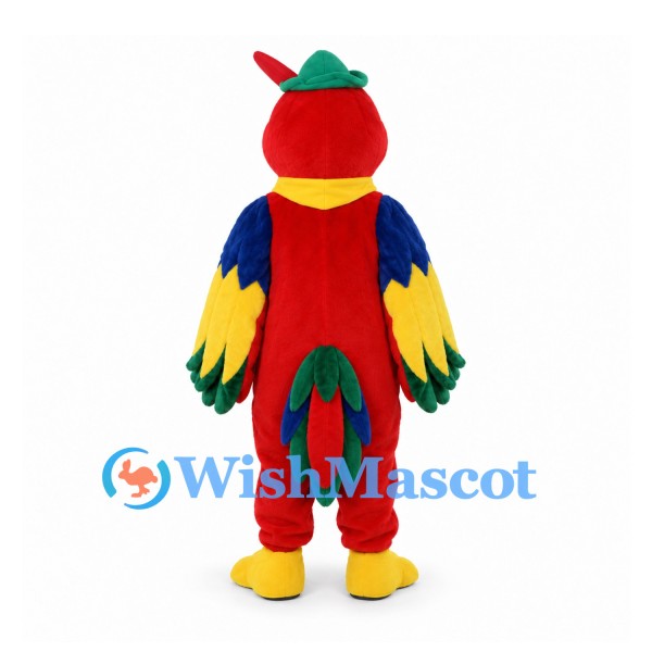 Parrot Mascot Costume in Red with Blue Wings and Green Hat