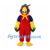 Parrot Mascot Costume in Red with Blue Wings and Green Hat