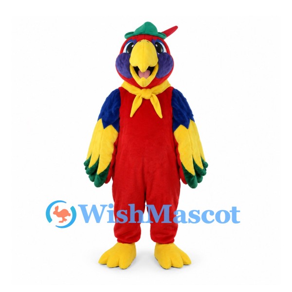 Parrot Mascot Costume in Red with Blue Wings and Green Hat