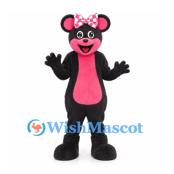 Mouse Mascot Costume in Black with Pink Belly and Polka Dot Bow