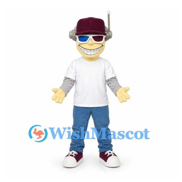 Man Mascot Costume with Headphones and White Shirt