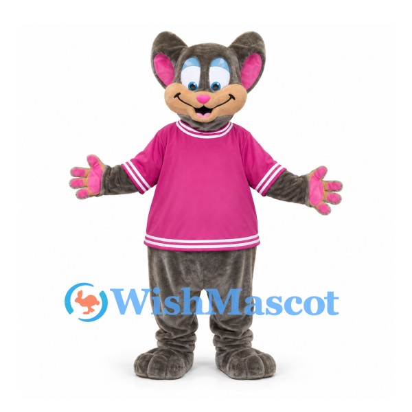 Mouse Mascot Costume in Gray with Pink Sports Jersey