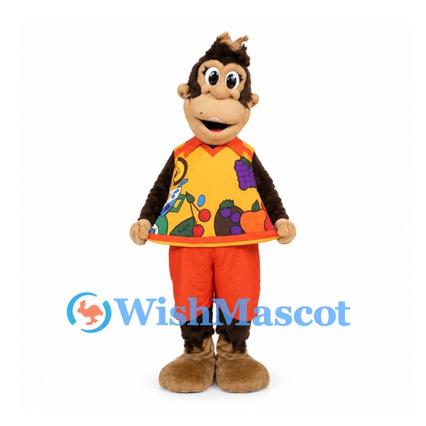 Monkey Mascot Costume with Orange Paint Print Shirt and Red Shorts