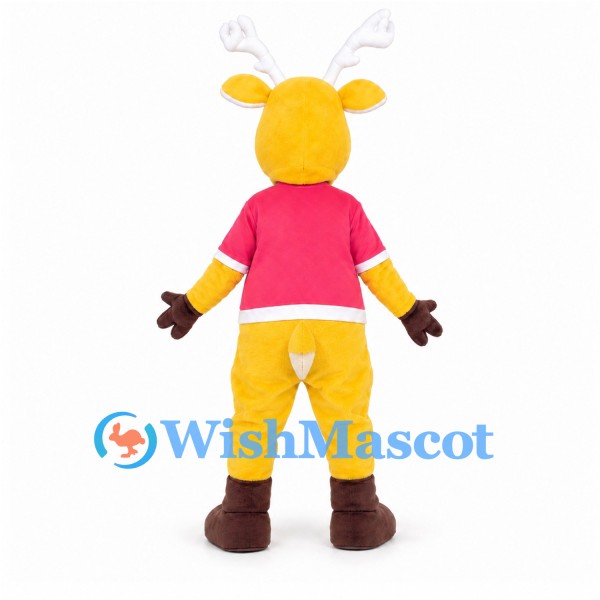 Reindeer Mascot Costume in Yellow with Pink Shirt and White Antlers
