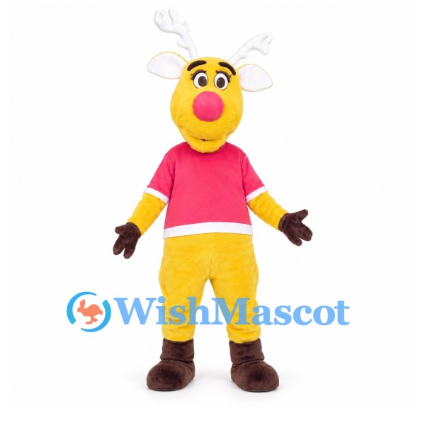 Reindeer Mascot Costume in Yellow with Pink Shirt and White Antlers