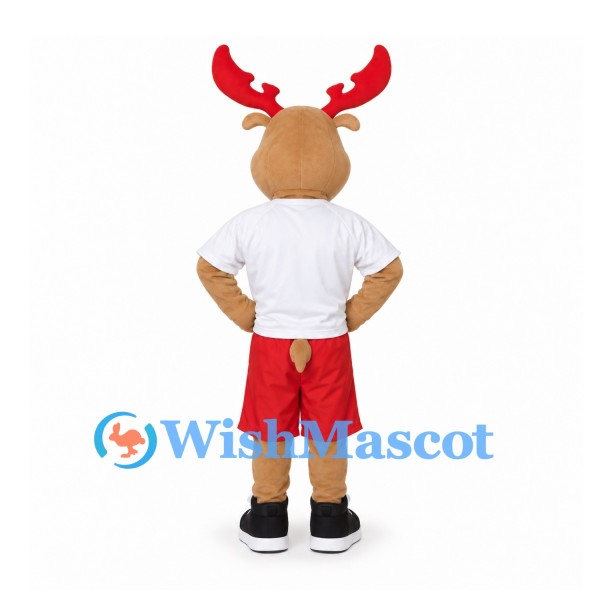 Moose Mascot Costume with White Shirt and Red Shorts