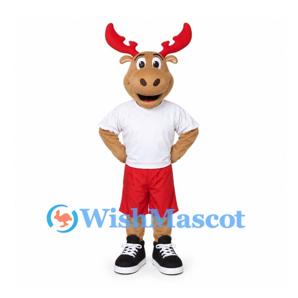 Moose Mascot Costume with White Shirt and Red Shorts