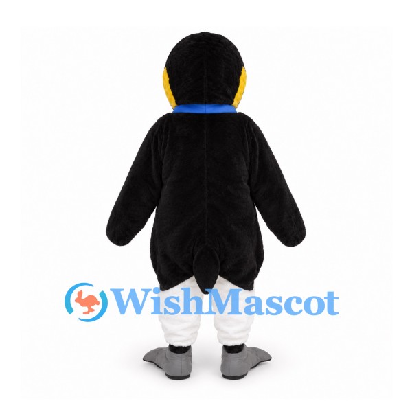 Penguin Mascot Costume in Black and White with Long Beak and Blue Bow