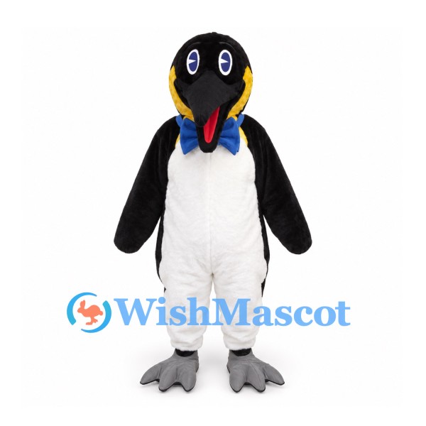 Penguin Mascot Costume in Black and White with Long Beak and Blue Bow