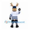Deer Mascot Costume with White Blue Sports Jersey and Navy Cap