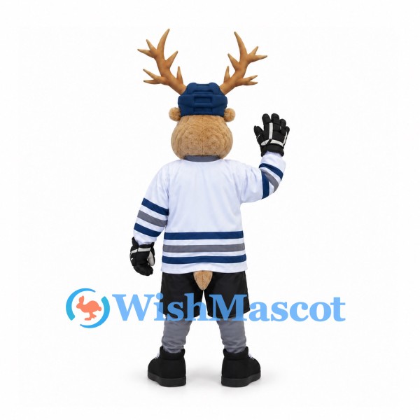 Deer Mascot Costume with White Blue Sports Jersey and Navy Cap