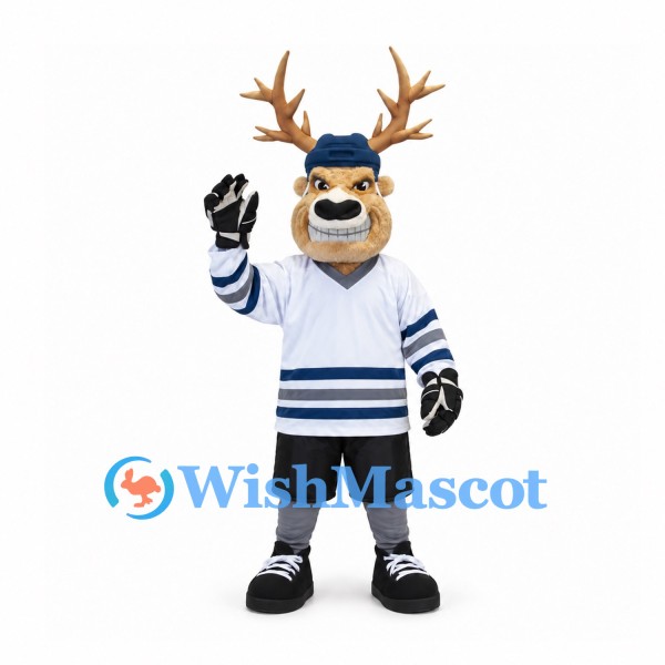 Deer Mascot Costume with White Blue Sports Jersey and Navy Cap