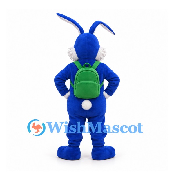 Rabbit Mascot Costume in Blue with Green Backpack