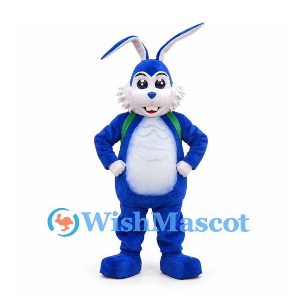 Rabbit Mascot Costume in Blue with Green Backpack