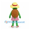 Turtle Mascot Costume with Floral Dress and Yellow Sun Hat
