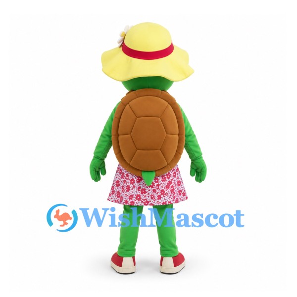 Turtle Mascot Costume with Floral Dress and Yellow Sun Hat