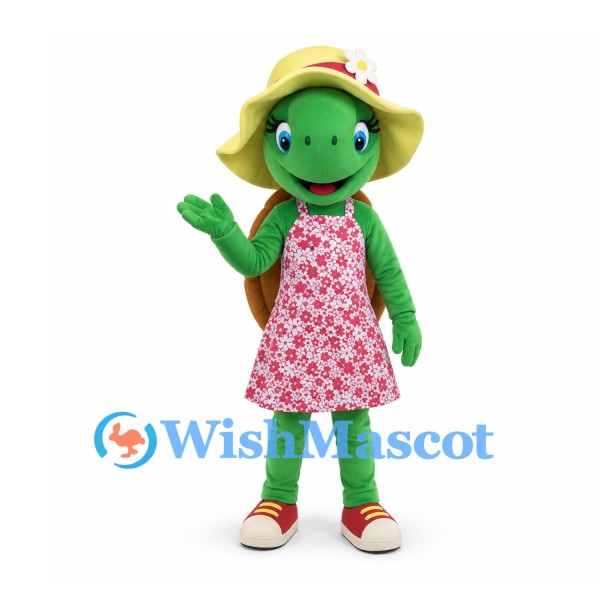 Turtle Mascot Costume with Floral Dress and Yellow Sun Hat