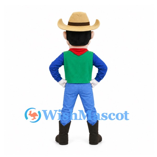 Cowboy Mascot Costume with Cream Hat and Green Vest