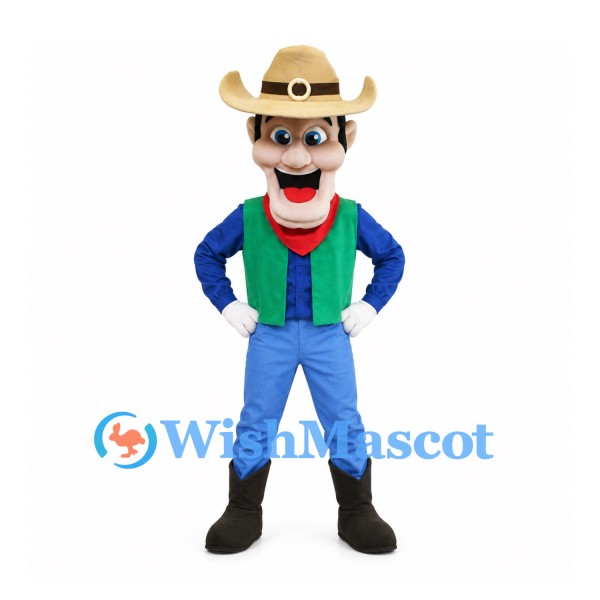 Cowboy Mascot Costume with Cream Hat and Green Vest