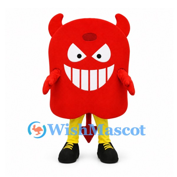 Devil Mascot Costume in Red with Wide Grin and Yellow Legs