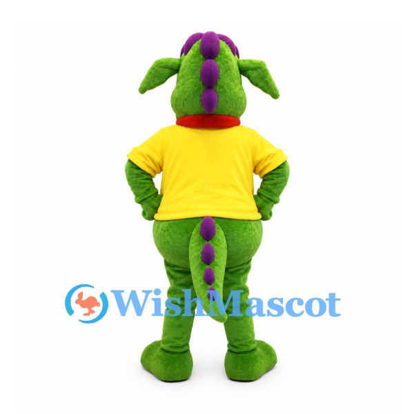 Dragon Mascot Costume in Green with Yellow Shirt and Purple Spines