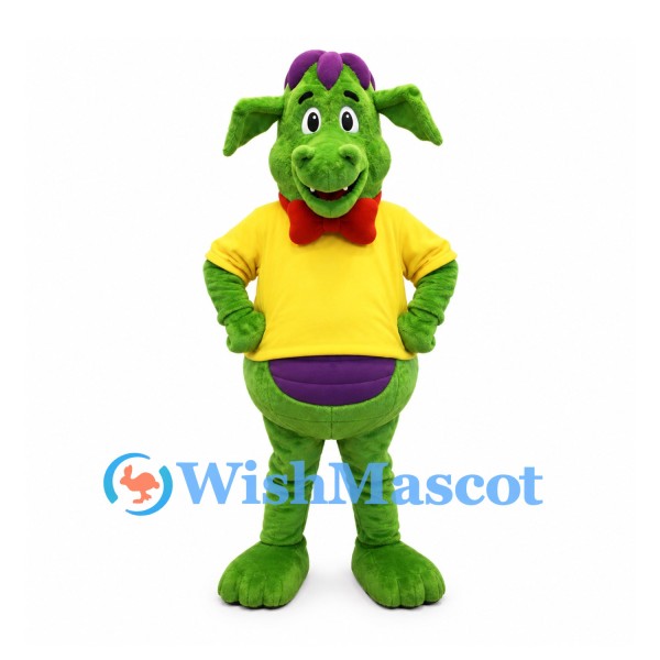 Dragon Mascot Costume in Green with Yellow Shirt and Purple Spines