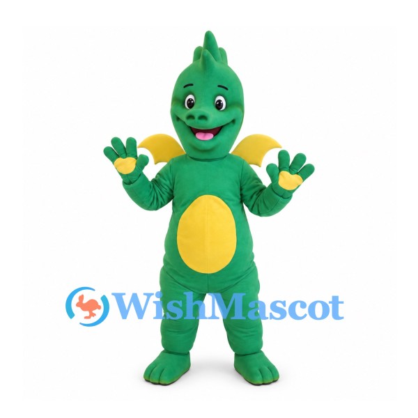 Dragon Mascot Costume in Green with Yellow Wings and Belly