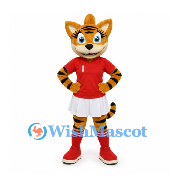 Tiger Mascot Costume with Red Shirt and White Tennis Skirt
