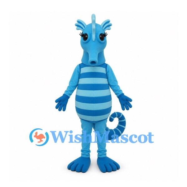 Dragon Mascot Costume in Blue with Striped Belly and Curled Tail