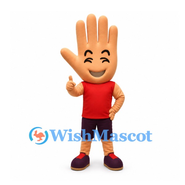 Hand Mascot Costume with Red Shirt and Dark Shorts