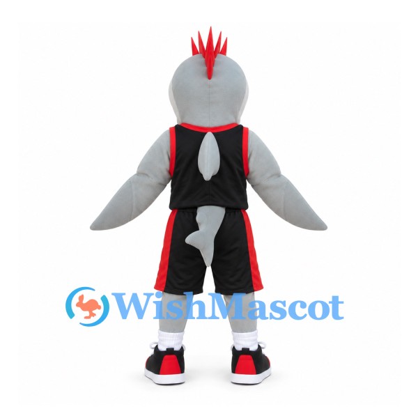 Shark Mascot Costume in Gray with Black Sports Uniform and Red Mohawk