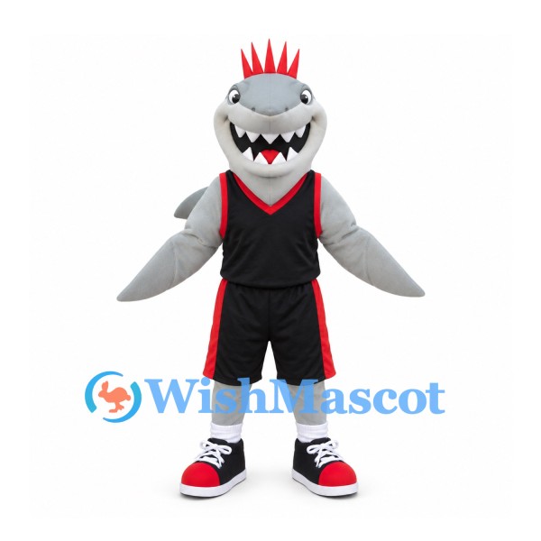 Shark Mascot Costume in Gray with Black Sports Uniform and Red Mohawk