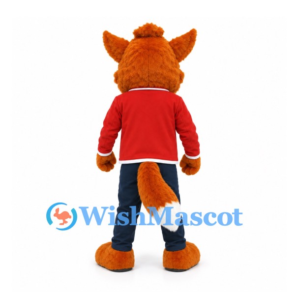 Fox Mascot Costume with Red Jacket and Dark Jeans