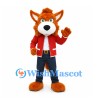 Fox Mascot Costume with Red Jacket and Dark Jeans