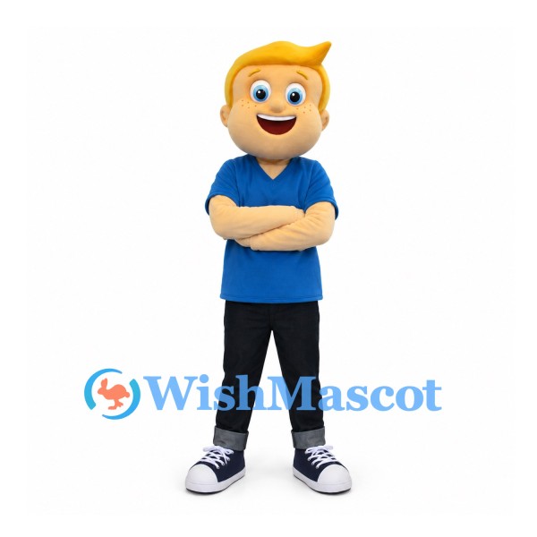 Boy Mascot Costume with Blond Hair and Blue Polo Shirt