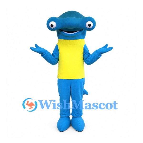 Hammerhead Shark Mascot Costume with Yellow Shirt and Blue Body