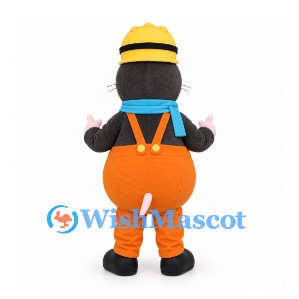 Mole Mascot Costume with Orange Overalls and Yellow Hard Hat