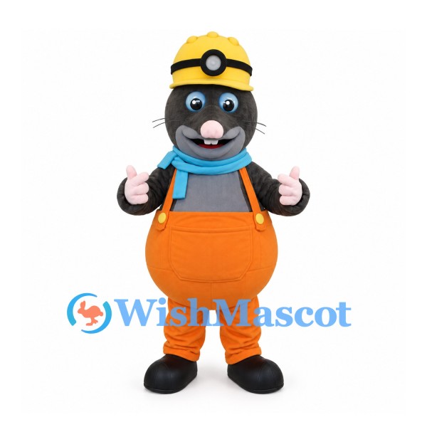 Mole Mascot Costume with Orange Overalls and Yellow Hard Hat