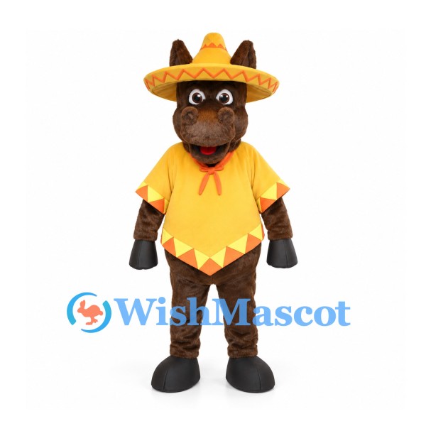 Donkey Mascot Costume with Yellow Poncho and Sombrero