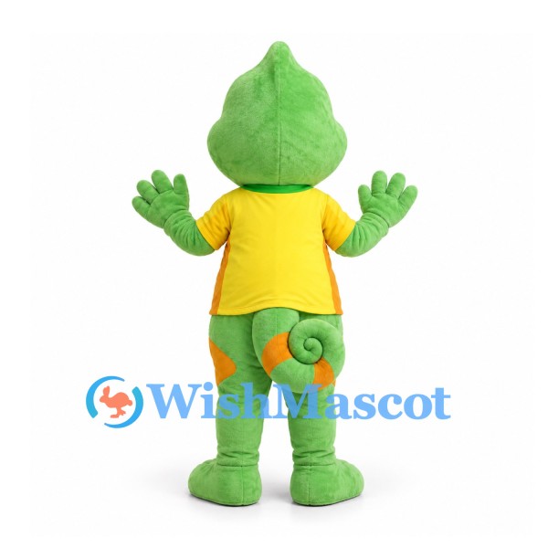 Chameleon Mascot Costume in Green with Yellow Shirt and Curled Tail