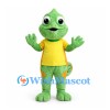 Chameleon Mascot Costume in Green with Yellow Shirt and Curled Tail